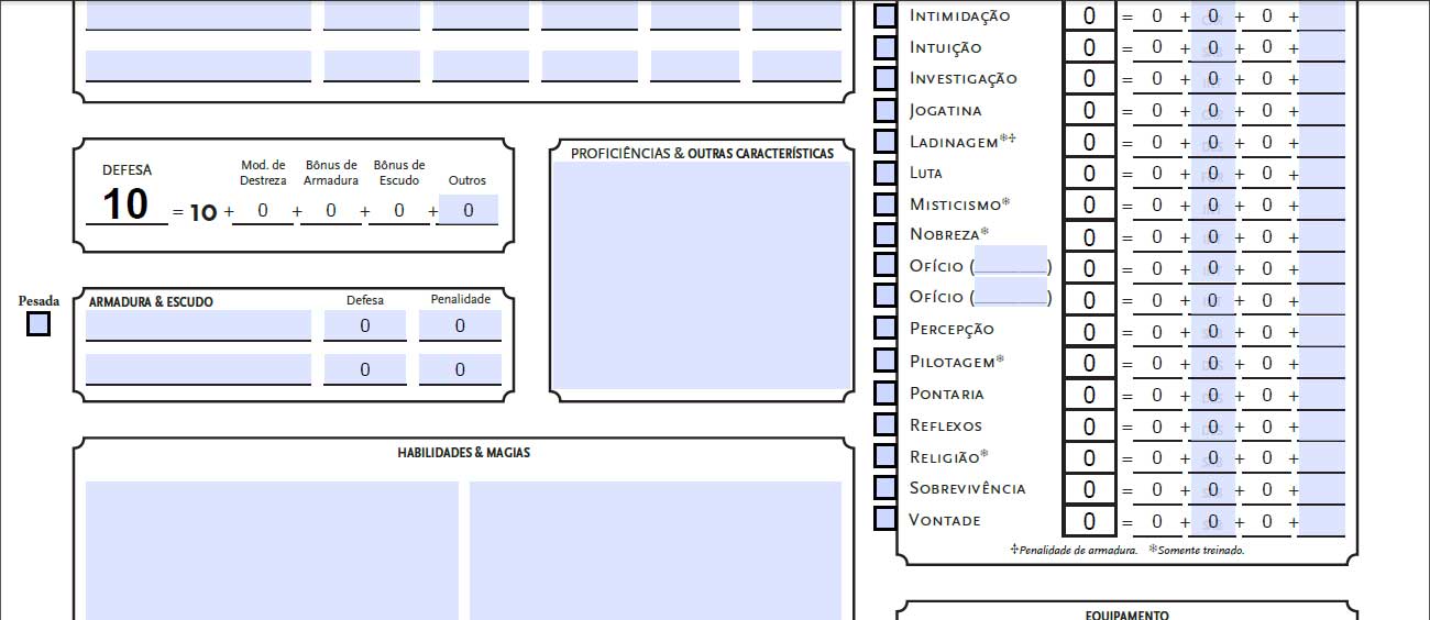 Ficha de Personagem Tormenta 20. Botão "Pesada" ao lado da descrição de Armadura e o Mod. de Atributo disponível para edição.